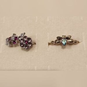 Elegant Silver Purple Floral Ring And Gold Green/Blue Bee Ring Set